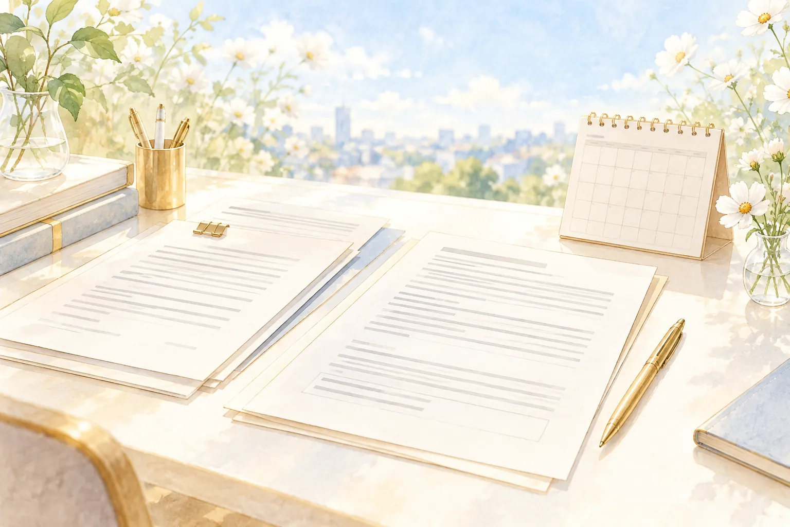 手続き準備のために書類と筆記具を整理した机