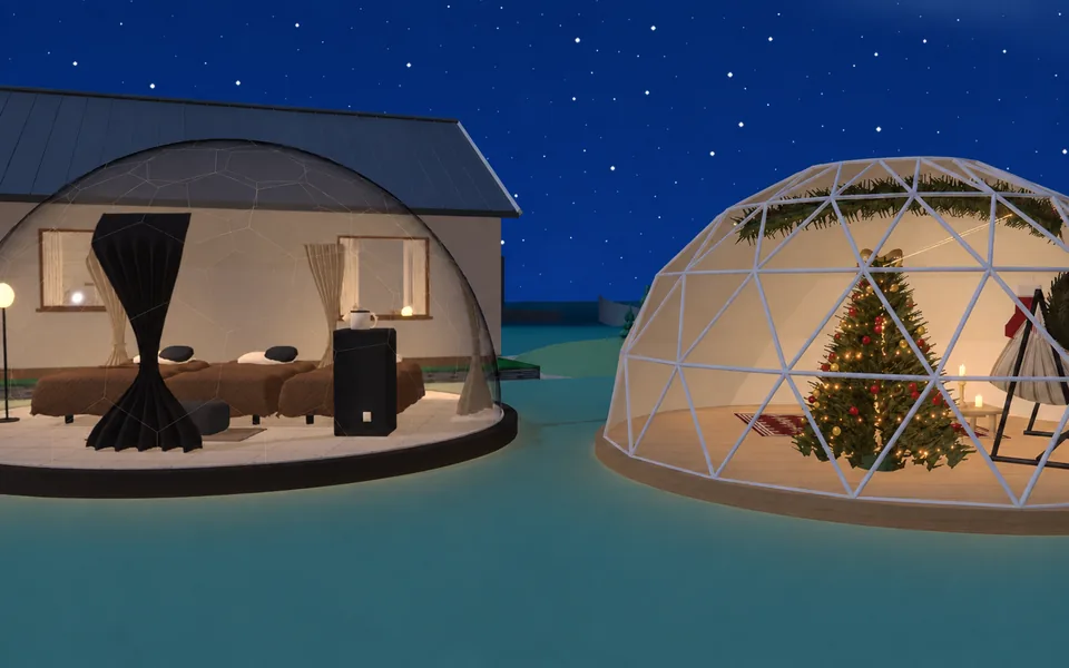 夜空の下に並ぶ透明なバブルドームとクリスマスツリーのあるグランピングドーム(3D街の画面)