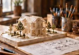 木の机に置かれた住宅の3Dモデル
