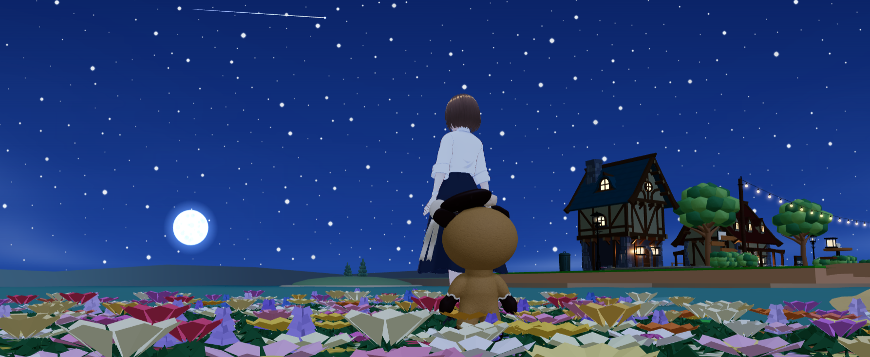 星空と月、色とりどりの花畑を眺めるアバターとマスコットの3D風景